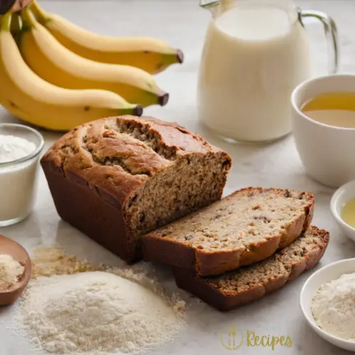 Ingredients for banana bread recipe with oil, including ripe bananas and measuring cups