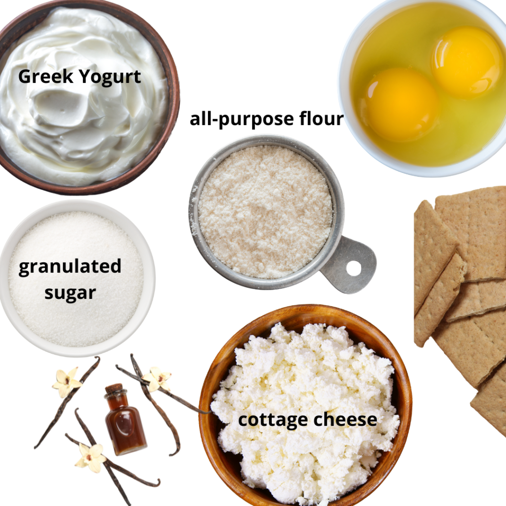 ngredients for a cottage cheese cheesecake recipe, including cottage cheese, eggs, honey, vanilla extract, Greek yogurt, cornstarch, and lemon zest, arranged neatly on a countertop.