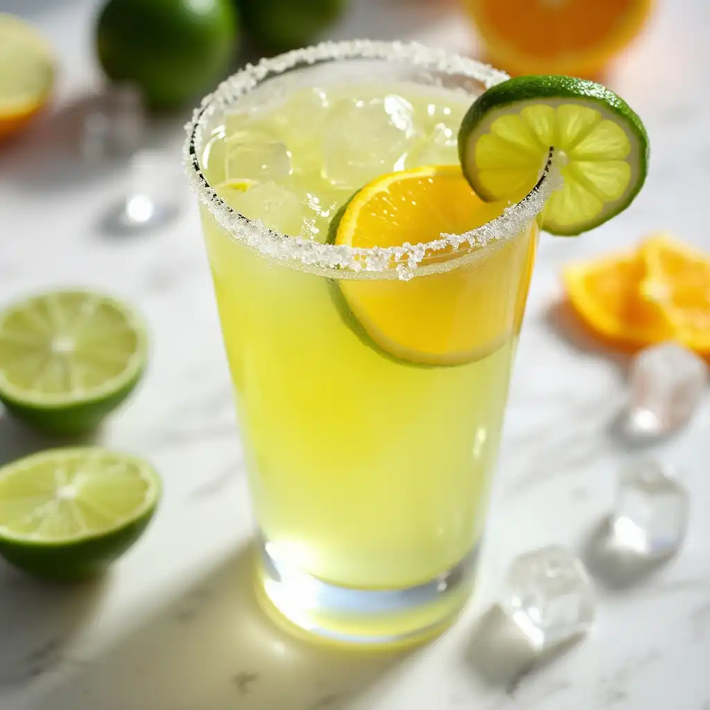 Overhead view of skinny margarita mocktail surrounded by fresh citrus and ice on white surface.