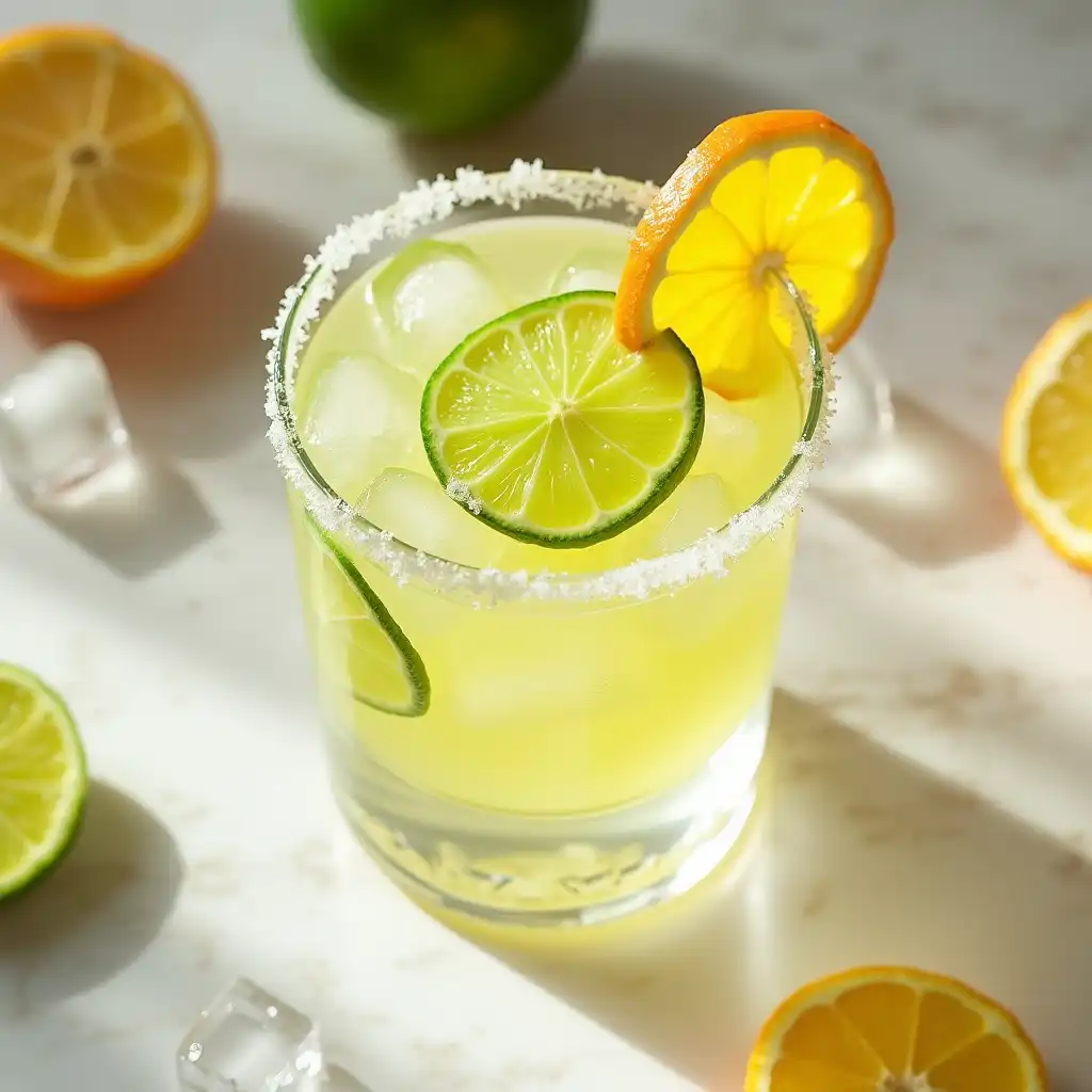 Fresh skinny margarita mocktail in a salt-rimmed glass with lime wheel and orange slice garnish on marble surface