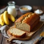 A loaf of golden brown banana bread with ripe bananas, eggs, and flour on a rustic wooden table.