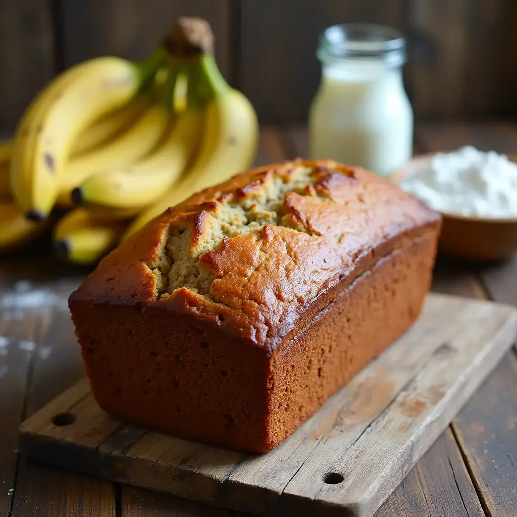 A loaf of golden brown banana bread with ripe bananas and flour on a rustic wooden table.