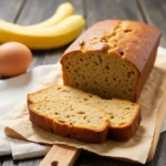 Freshly baked golden-brown 4 ingredient banana bread loaf on a wooden cutting board with sliced bananas nearby.