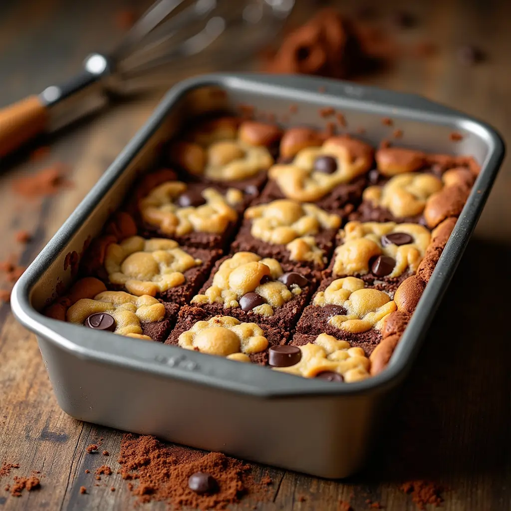 Freshly baked brookies in a square baking pan, showing the golden cookie top and fudgy brownie base.