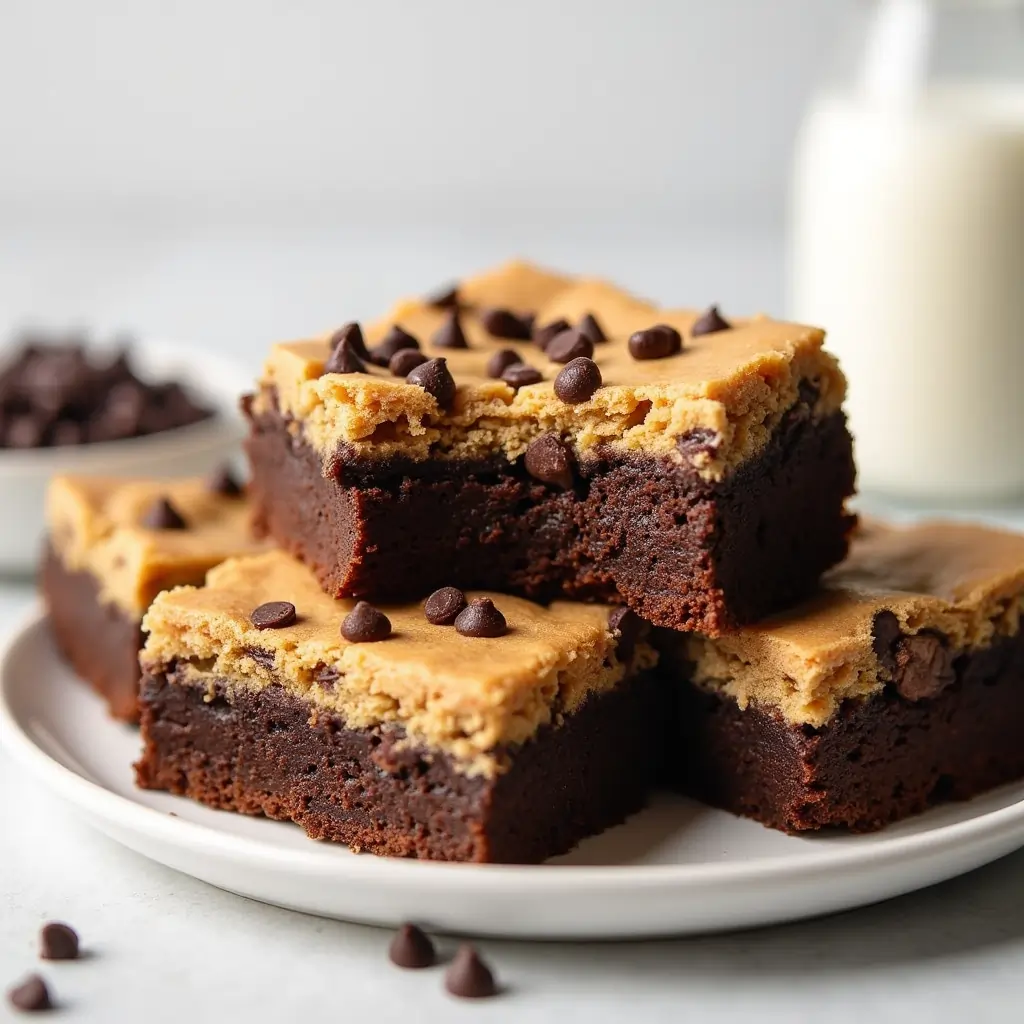 Sliced brookie on a white plate, revealing the fudgy brownie base and chewy cookie layer.