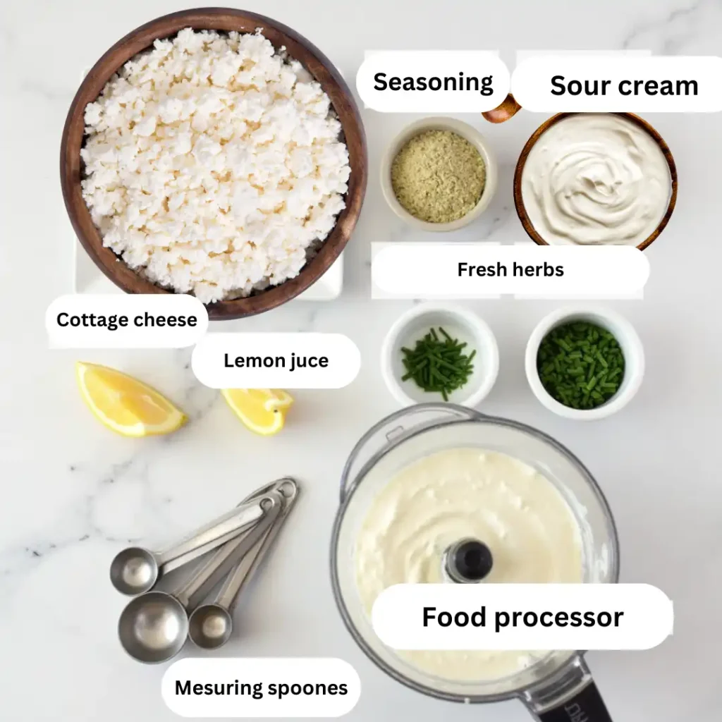 Ingredients for cottage cheese dip, including cottage cheese, sour cream, and seasonings