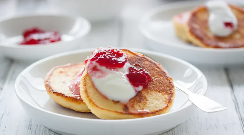 Cottage cheese pancakes with fresh berries.