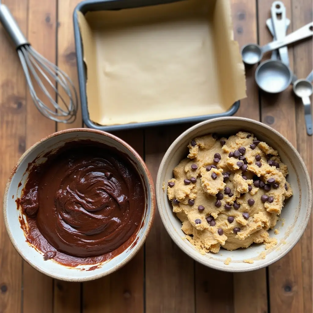 Two bowls on a wooden counter, one with brownie batter and the other with cookie dough, next to an empty parchment-lined baking pan.