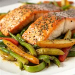 Enjoy this healthy, delicious Baked Salmon with Roasted Vegetables with your family!