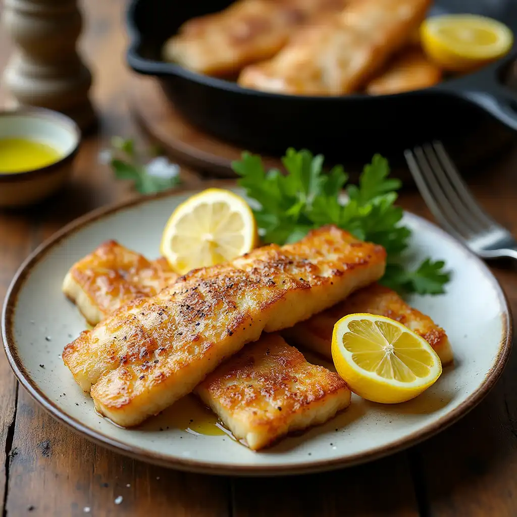 Pan fried rockfish on a rustic wooden table